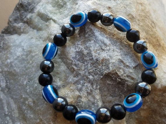 Vintage Black and Blue Glass Bead Bangle Bracelet… - image 7