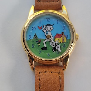 On Time Boys Watch Cartoon Dial Gold Tone Green Nylon Brown Leather Quartz Movt image 1