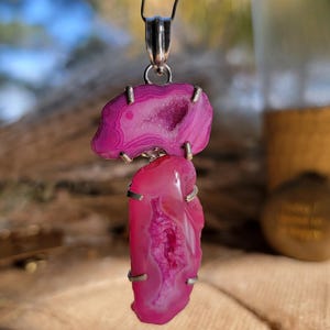 Pink Agate Geode Pendant Sterling Silver, Double Stone Statement Necklace, Handmade Boho Jewelry, Raw Crystal Pendant, Unique Gift
