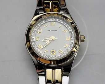 Fossil ES-1741 Womens Watch Two-Tone Stainless Steel Case White Dial Bracelet