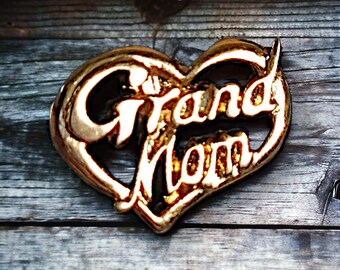 Cherished Vintage 'Grand Mom' Heart Lapel Pin in Faux Gold