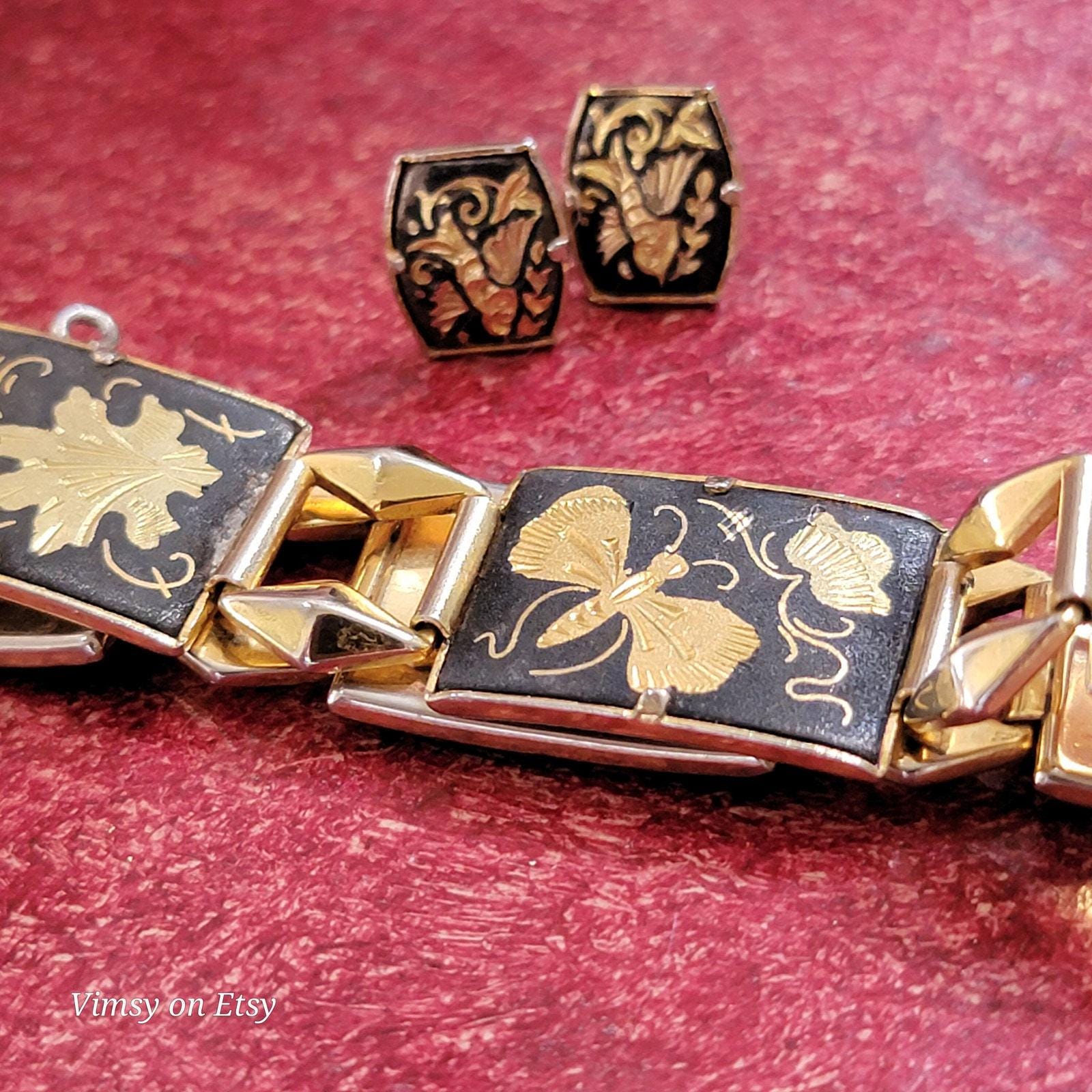 AMITA ダマスカスブレスレット アンティーク　日本製 Vintage Amita Japan Damascene Bracelet & Earrings - Exquisite