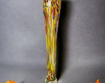 Vintage Hand-Blown Glass Vase – Tall Multicolor Striped Decorative Centerpiece