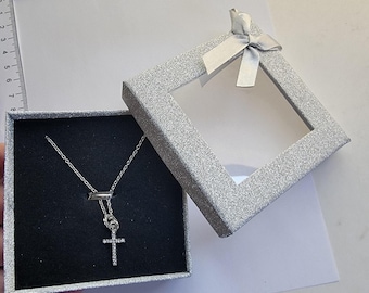 Silver Rhinestone Cross Necklace Chain Pendant Religious Toggle Closure Gift