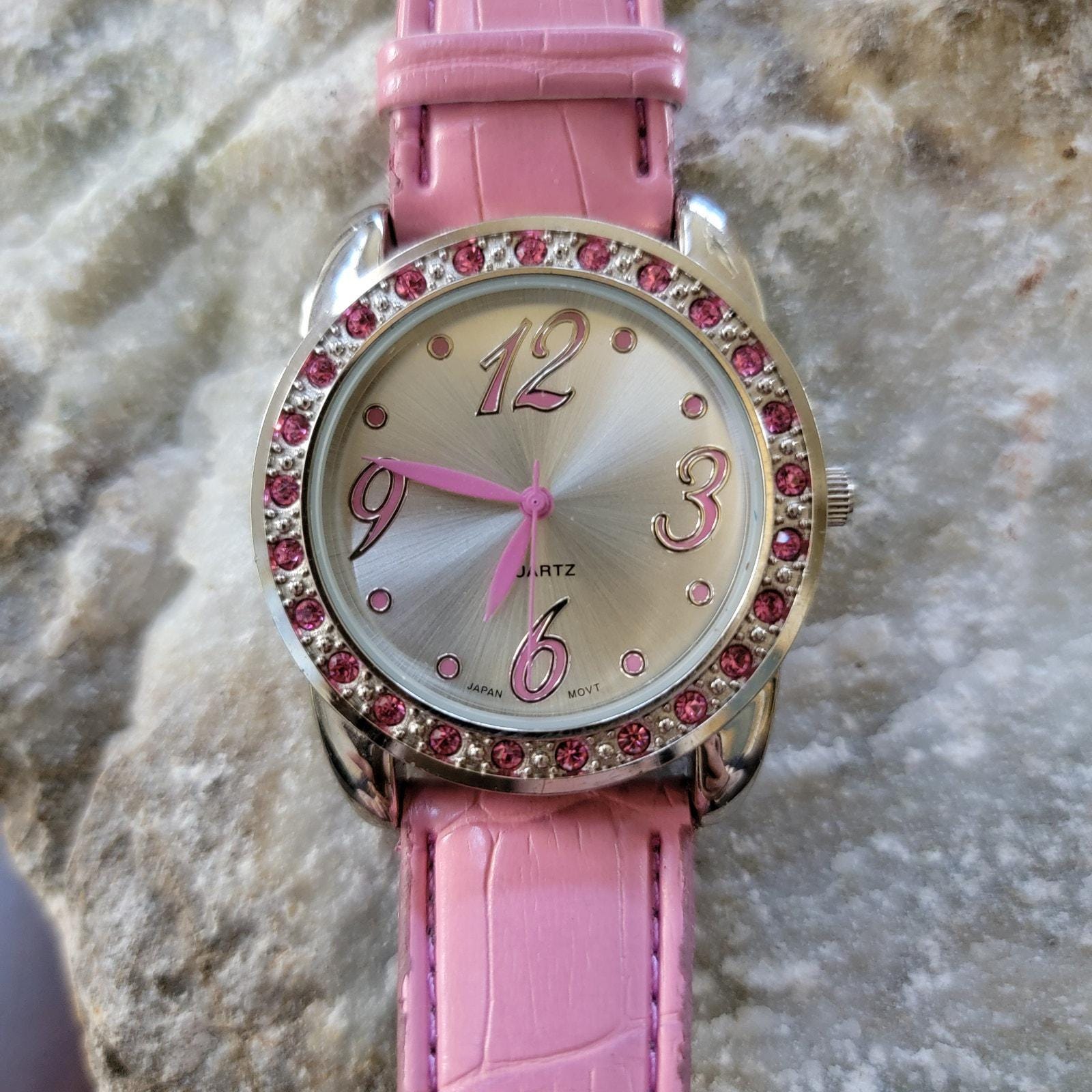Pink Rhinestone Quartz Watch W/ Faux Leather Strap Japan  display picture 1