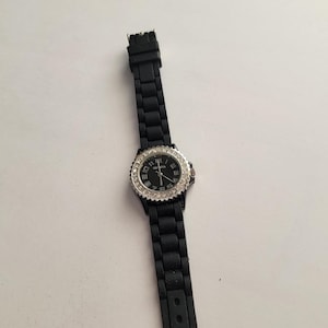 Vintage Watches Geneva Black Silicone Quartz Watch with Crystal Bezel Detail