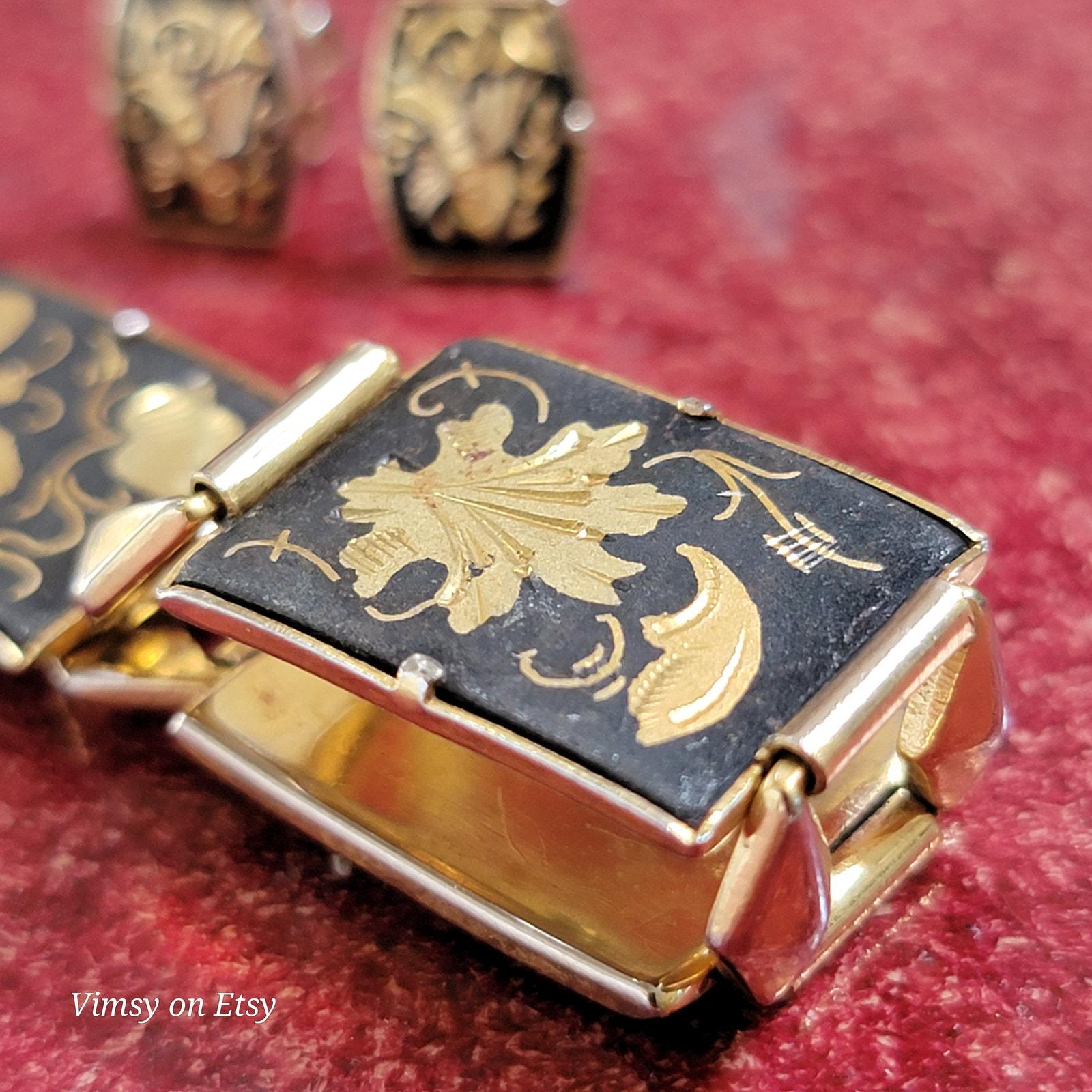 Vintage Amita Japan Damascene Bracelet & Earrings - Exquisite