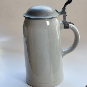 Vintage German Stoneware Beer Stein with Pewter Lid 7.5 Inch Gray Glaze Traditional Tankard Made in Germany Collectible Barware