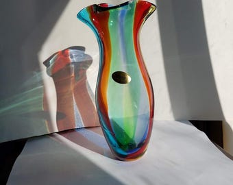 ヴィンテージ イタリア ムラーノ アートガラス 花瓶 レインボー ヴィンテージ イタリア ムラーノ アートガラス 花瓶 レインボー