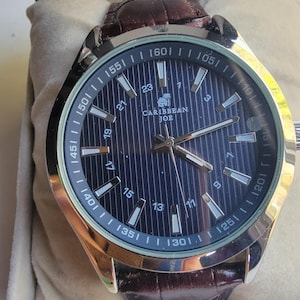 Caribbean Joe Mens Watch Blue Dial Silver Tone Case Brown Leather Strap Box image 7