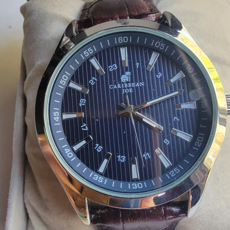 Caribbean Joe Mens Watch Blue Dial Silver Tone Case Brown Leather Strap Box image 7