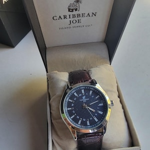 Caribbean Joe Mens Watch Blue Dial Silver Tone Case Brown Leather Strap Box image 1
