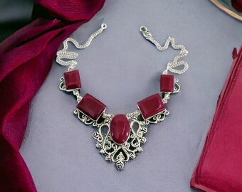 Red Crackle Quartz Statement Halskette - Bold Silber Boho Artisan Schmuck