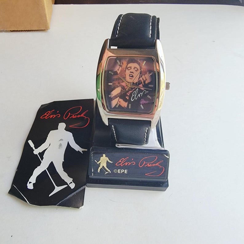 Elvis Presley Mens Watch Multicolor Dial Silver Tone Black Leather Quartz EPE image 4