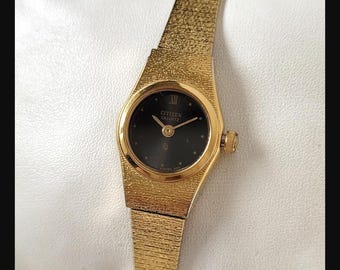 Vintage Citizen Womens Watch Gold Case 18mm Black Dial Gold Plated Bracelet