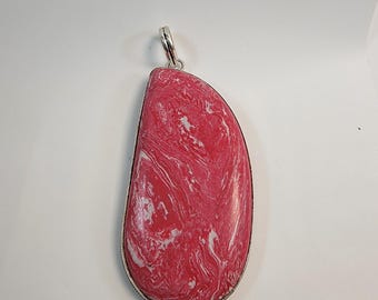Handmade Red and White Marble Pendant in Sterling Silver Unique Statement Piece