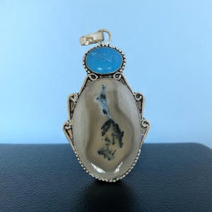 Dendritic Agate Pendant with Blue Accent – Sterling Silver Handmade Necklace