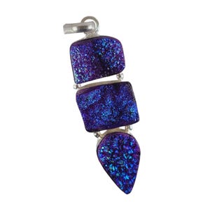 Purple Druzy Quartz Pendant in Sterling Silver, 2.5 Inch Triple Gem Statement Necklace with Iridescent Crystal and 20 Inch Chain