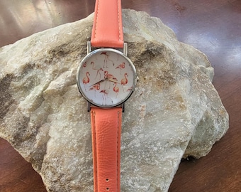 Vintage Watches Flamingo Print Watch Pink Strap Round Dial Tropical Animal Theme