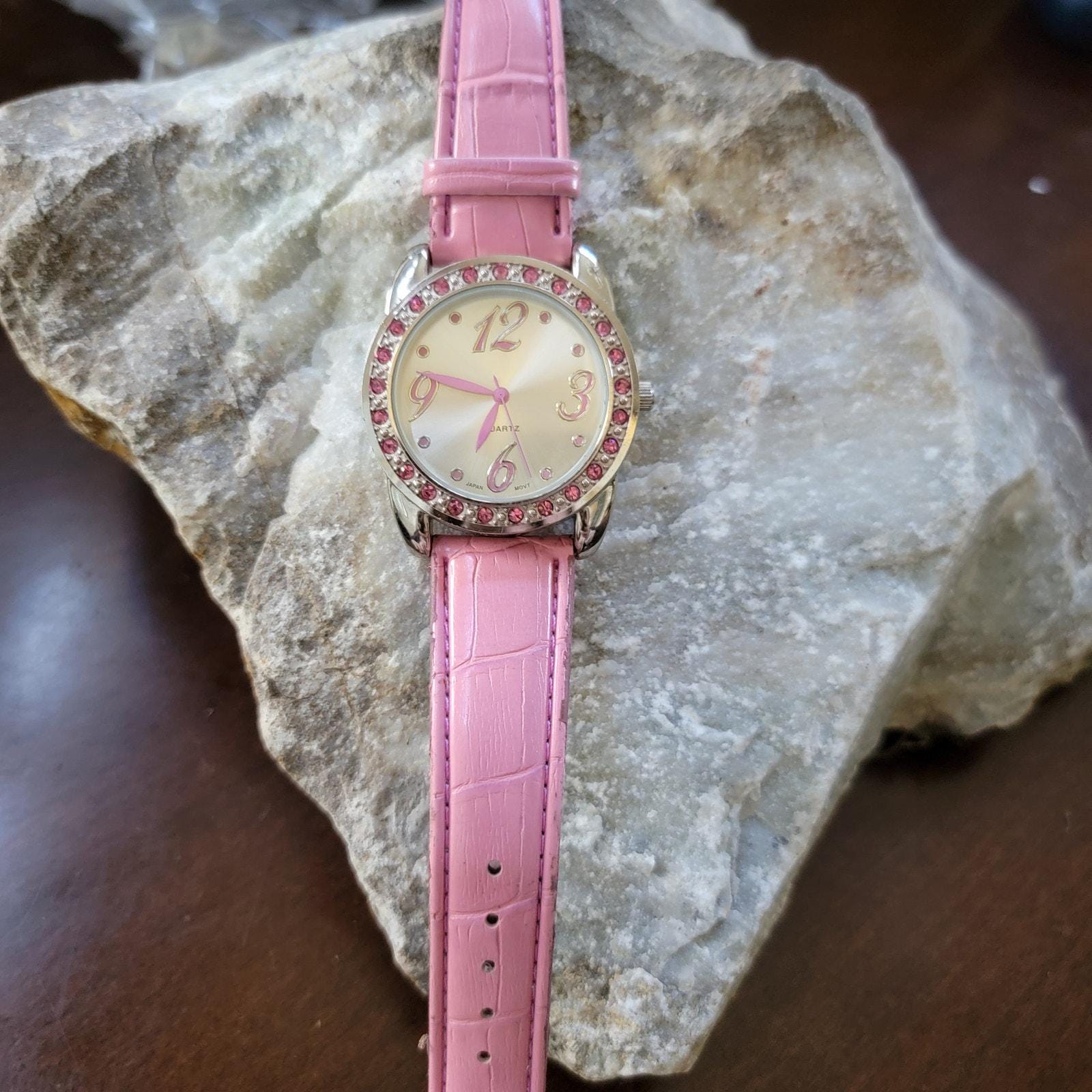 Pink Rhinestone Quartz Watch W/ Faux Leather Strap Japan Movt