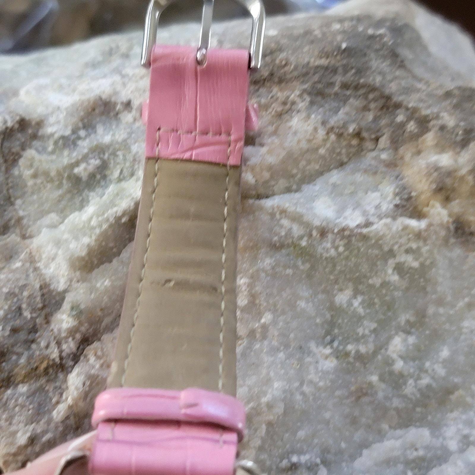 Pink Rhinestone Quartz Watch W/ Faux Leather Strap Japan 
