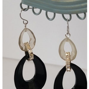 Vintage 1980s Black and White Dangle Earrings with Rhinestone Accents