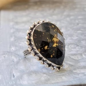 Chunky Silver Ring with Black and Gold Stone, Statement Sterling Silver Jewelry, Size 8.5, Unique Gemstone Ring for Parties and Elegance