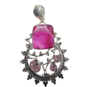 Handmade Silver Pendant with Pink Agate, Rose Quartz & Ornate Sterling Setting