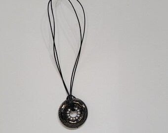 Vintage Black Round Pendant Necklace Crystal Rhinestones on Cord Chain Jewelry