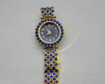 Womens Watch Blue Dial Gold Case 28mm Gold Bracelet Crystal Accent Quartz
