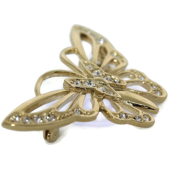 Vintage Goldtone Butterfly Brooch, Rhinestone Ston