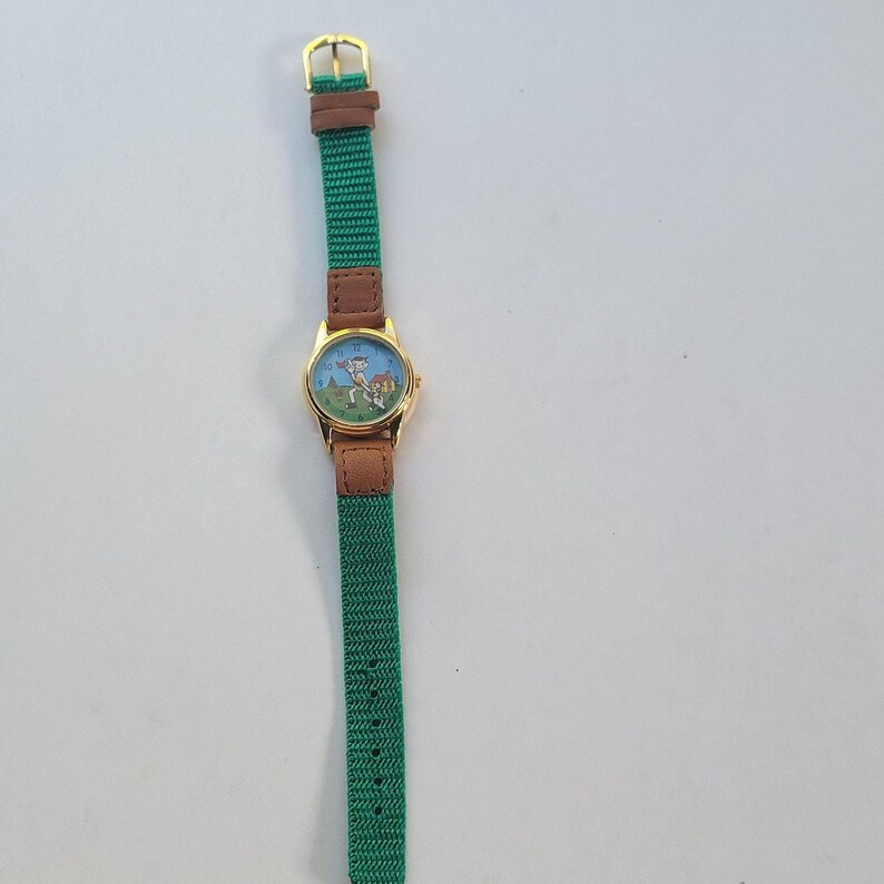 On Time Boys Watch Cartoon Dial Gold Tone Green Nylon Brown Leather Quartz Movt image 2