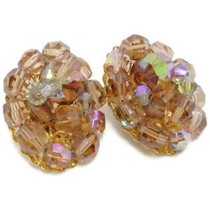 Vintage Aurora Borealis Crystal Clip On Earrings - Germany