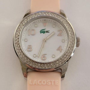 Lacoste Womens Watch White Dial Silver Tone Crystal Bezel Pink Silicone Quartz image 1