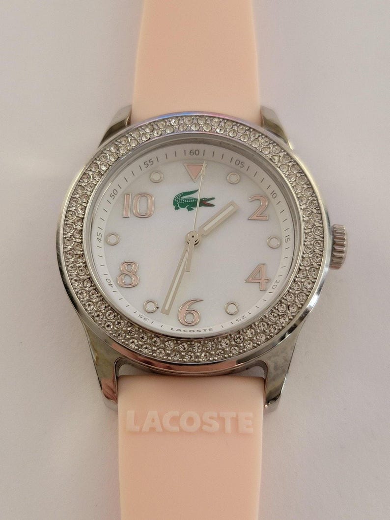 Lacoste Womens Watch White Dial Silver Tone Crystal Bezel Pink Silicone Quartz image 1