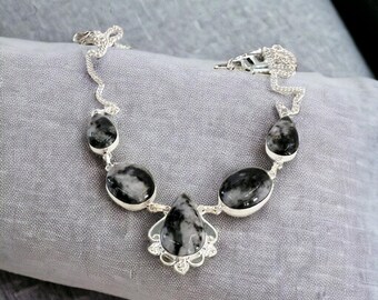 Zebra Marmor Statement Halskette - Bold Silber Boho Handwerker Design
