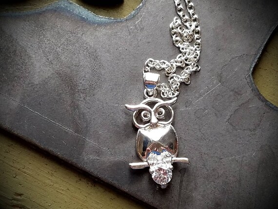 Sterling Silver Owl Pendant Necklace with Simulat… - image 5