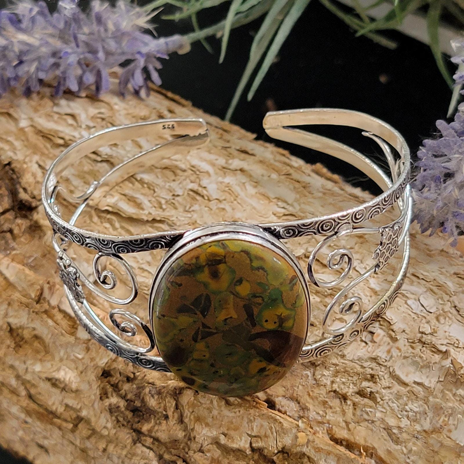 Bracelet Manchette En Argent Sterling 925 - Pierre Jaspe Peau De Léopard Naturelle - Fait Main Réglable - Neuf