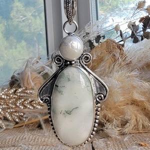 Ethereal White Moss Agate Pendant, Sterling Silver Necklace With Pearl