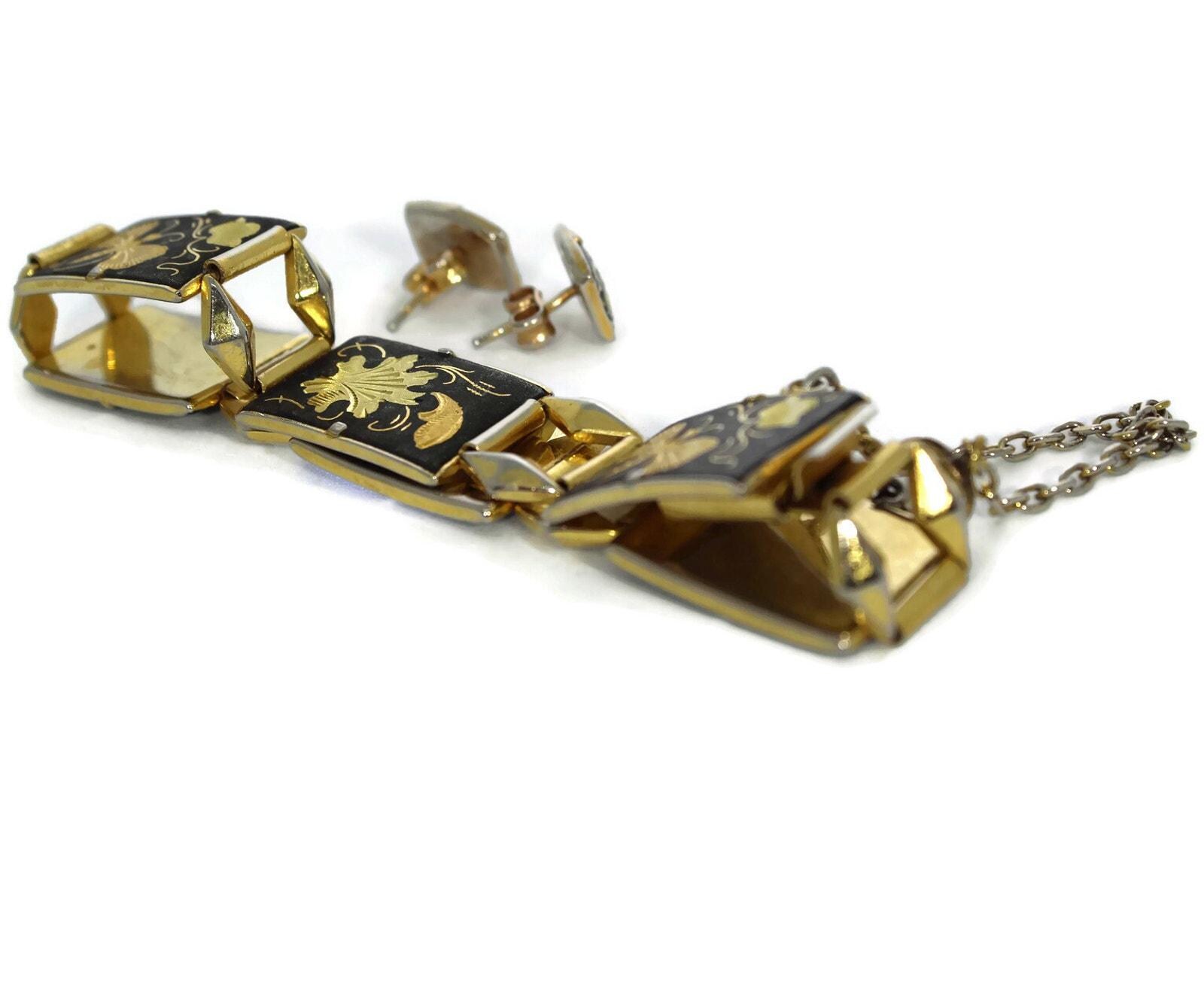 Vintage Amita Japan Damascene Bracelet & Earrings - Exquisite