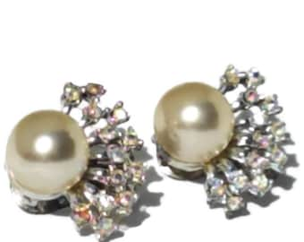 Clip On Earrings, Vintage Pearl and Rhinestone Clip-on Earrings, Vintage Jewelry, Statement Earrings, Unique Elegant Clip On Earrings