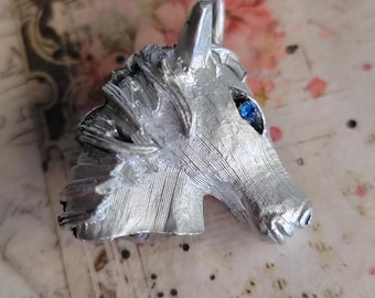Brooch Women Vintage Pin Silver Tone Horse Head Blue Rhinestone Eye Retro Brooch
