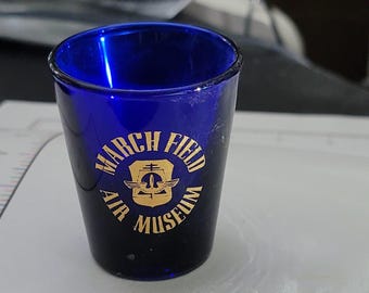 March Field Air Museum Shot Glass Unisex Blue Glass Decorated Logo Souvenir