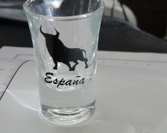 Espana Bull Shot Glass Clear Glass Decorated Souvenir Small Spain Collectible