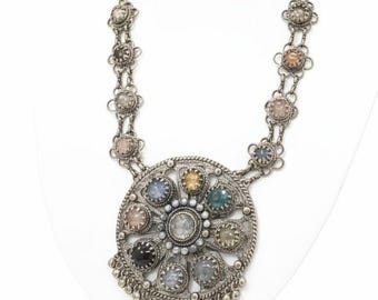 Vintage Boho Statement Necklace Large Pendant Multi Stone Tribal Jewelry 26 Inch