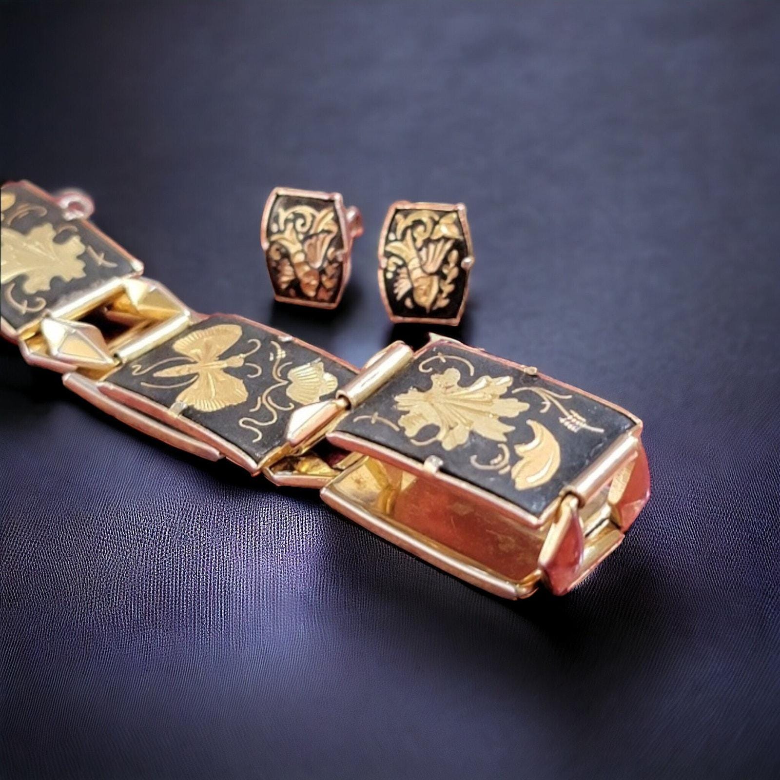 Vintage Amita Japan Damascene Bracelet & Earrings - Exquisite