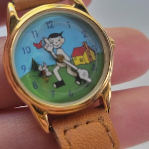 On Time Boys Watch Cartoon Dial Gold Tone Green Nylon Brown Leather Quartz Movt image 8
