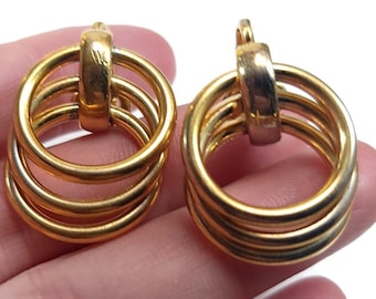 Vintage Gold Tone Multi-Ring Clip-On Earrings, Bold Retro Statement Jewelry