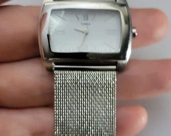 Timex Womens Watch White Dial Silver Rectangular Case Mesh Bracelet Quartz
