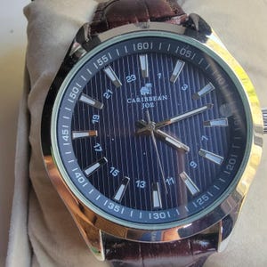 Caribbean Joe Mens Watch Blue Dial Silver Tone Case Brown Leather Strap Box image 8